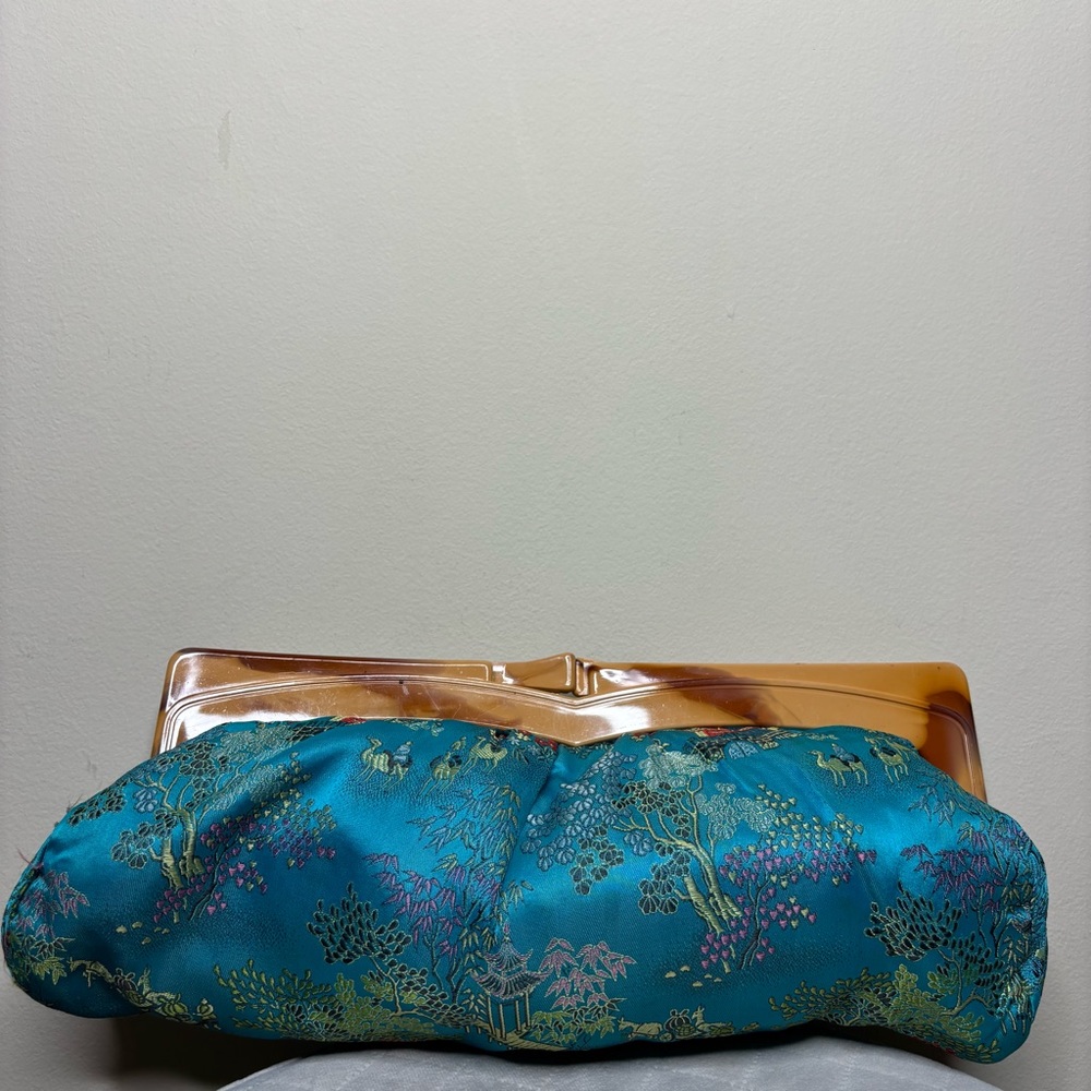 Vintage Teal Chinese Clutch With Lacquered Wooden Kiss Closure